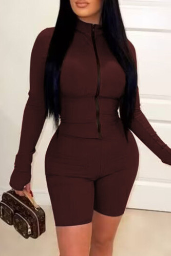 Dark Brown Casual Solid Patchwork Zipper Zipper Collar Skinny Rompers