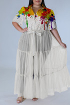 Белые повседневные платья с принтом в стиле пэчворк и отложным воротником с отложным воротником, прямые платья больших размеров