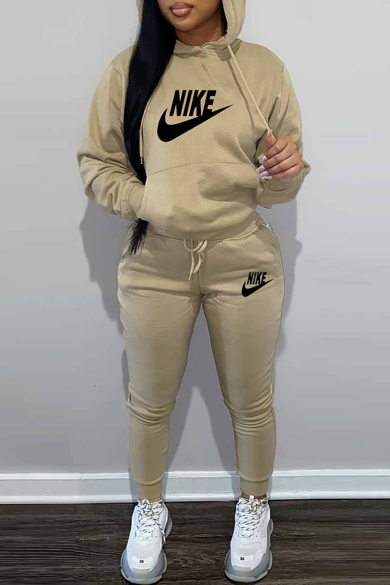 

Khaki Casual Print Letter Hooded Collar Long Sleeve Two Pieces