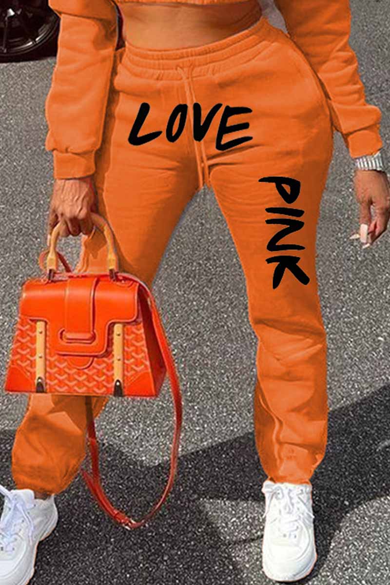 

Orange Casual Print Letter Straight Mid Waist Bottoms