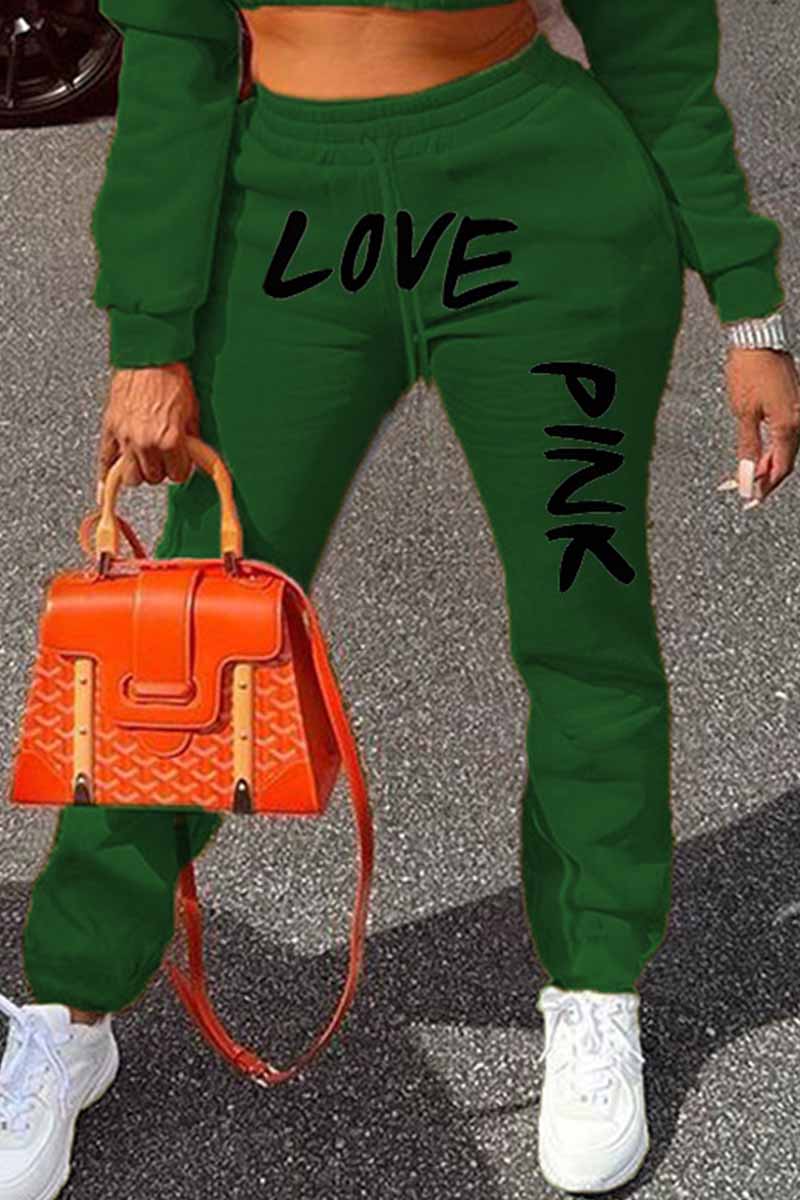 

Dark Green Casual Print Letter Straight Mid Waist Bottoms