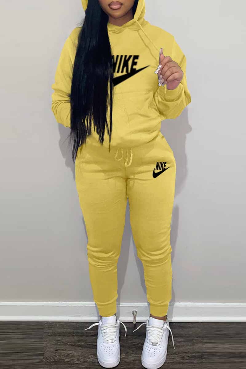 

Yellow Casual Print Letter Hooded Collar Long Sleeve Two Pieces