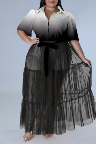 Black Casual Print Bandage Patchwork Buckle Turndown Collar Straight Plus Size Dresses