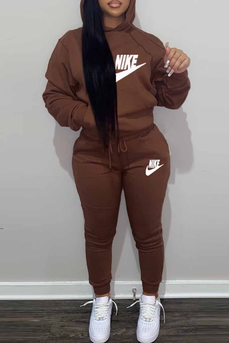 Coffee Casual Print Letter Hooded Collar Long Sleeve Two Pieces