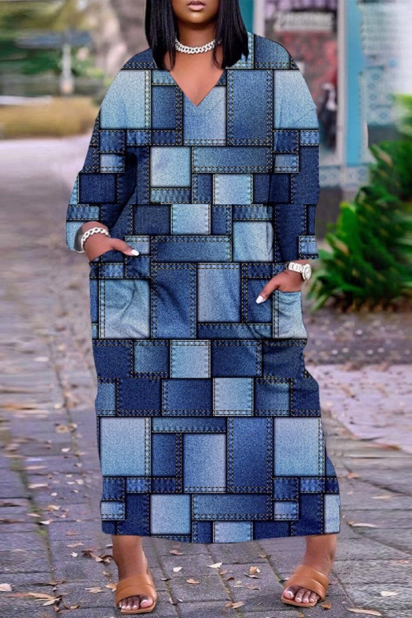 ブルー カジュアル プリント パッチワーク Vネック ロング スリーブ ドレス