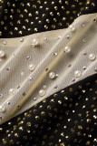 Plata sexy patchwork perla taladro caliente o cuello vestidos de manga larga