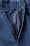 Повседневные однотонные джинсовые комбинезоны с отложным воротником и пряжкой в ​​стиле пэчворк королевского синего цвета с длинным рукавом и высокой талией