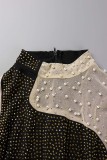 Vestidos de manga comprida com decote em bico dourado sexy patchwork perolado