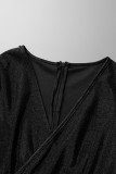 Vestidos de falda de un paso con cuello en V asimétrico de patchwork sólido sexy negro