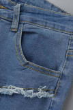 Blue Street Solid Patchwork Slit Asymmetrical High Waist Denim Jeans