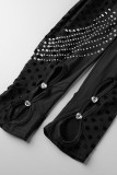 Black Fashion Sexy Patchwork Hot Drilling Uitgeholde doorschijnende O-hals Skinny Jumpsuits