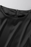 Vestidos rectos con cuello en O y pliegues en patchwork sólido informal negro