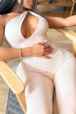 Cream White Sexy Solid Hollowed Out One Shoulder Skinny Jumpsuits