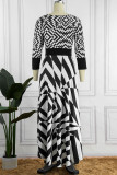 黒と白のカジュ​​アル プリント パッチワーク O ネック ストレート ドレス