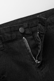 Svart Casual Street Solid Ripped urhålade Patchwork jeans med hög midja