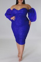 Colorful Blue Sexy Formal Patchwork Hollowed Out Backless Off the Shoulder Evening Dress Plus Size Dresses
