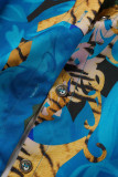 Colar azul com estampa casual patchwork fivela dobrada plus size duas peças