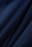 Blue Street Solid Ripped Make Old Patchwork Buckle Turndown Collar Long Sleeve High Waist Regular Denim Jumpsuits