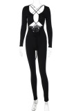 Black Sexy Casual Solid Hollowed Out Frenulum V Neck Skinny Jumpsuits