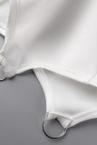 Weiße, lässige, solide Patchwork-Kleider mit asymmetrischem Kapuzenkragen und langen Ärmeln