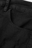 Zwarte casual straat effen gescheurde uitgeholde patchwork hoge taille denim jeans