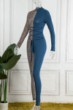 Blauwe casual patchwork doorzichtige skinny jumpsuits met halve coltrui