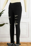 Schwarze, lässige, solide, ausgehöhlte Patchwork-Denim-Jeans mit hoher Taille