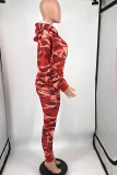 Rojo mandarina Estampado casual Estampado de camuflaje Patchwork Cuello con capucha Manga larga Dos piezas