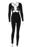 Zwarte Sexy Casual Effen Uitgehold Frenulum V-hals Skinny Jumpsuits