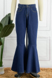 Blue Casual Street Solid Patchwork High Waist Flare Leg Denim Jeans