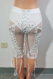 White Fashion Sexy Patchwork Patchwork See-through Strap Design Skinny Mid Waist Pants
