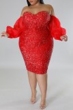 Rotes sexy formales Patchwork ausgehöhltes rückenfreies schulterfreies Abendkleid Kleider in Übergröße