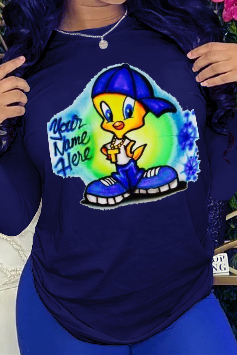 

Navy Blue Character Patchwork O Neck Tops