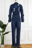 Blue Street Solid Strappato Make Old Patchwork Buckle Turndown Collar Maniche lunghe Vita alta Tute di jeans normali