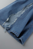 Jeans in denim a vita alta asimmetrici con spacco patchwork solido blu Street