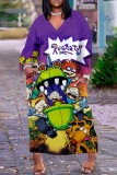Vestidos multicoloridos casuais com estampa de desenhos animados patchwork decote em V manga longa