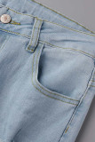 Jeans jeans skinny azul escuro fashion casual sólido rasgado cintura alta