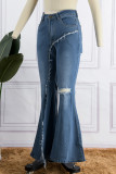 Calça Jeans Jeans Blue Street Sólido Patchwork com Fenda Assimétrica Cintura Alta
