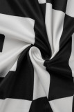 Vestidos rectos con cuello en O de patchwork con estampado casual en blanco y negro