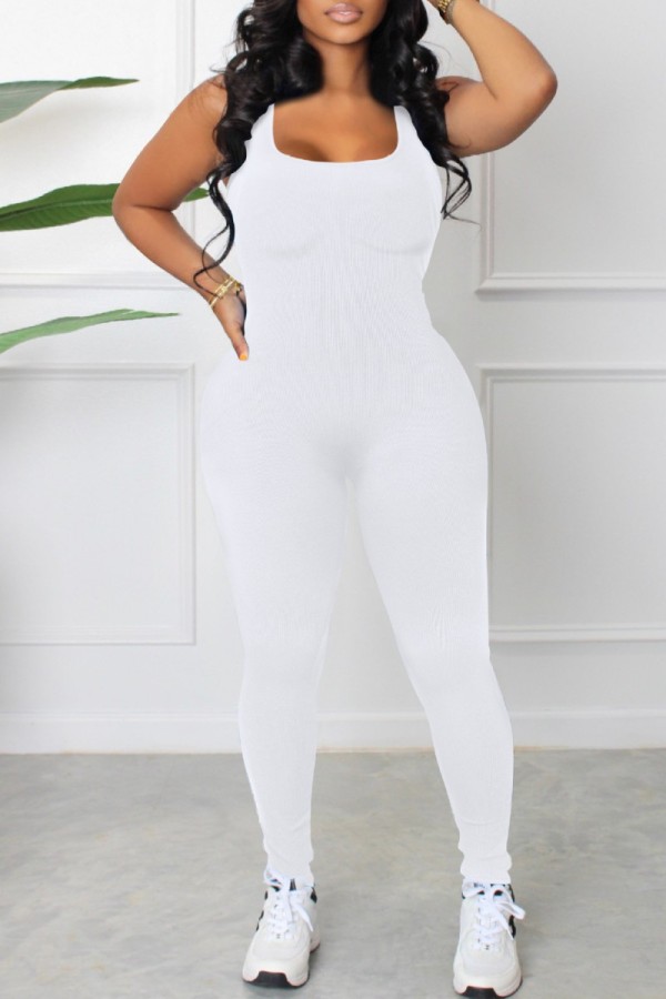 White Sexy Casual Solid Backless U Neck Skinny Jumpsuits