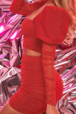Красный сексуальный сплошной лоскутный квадратный воротник с длинным рукавом из двух частей