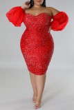 Rode sexy formele patchwork uitgeholde backless off-shoulder avondjurk plus size jurken
