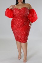 Красное сексуальное вечернее платье в стиле пэчворк с открытой спиной и открытыми плечами Платья больших размеров