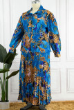 Blue Casual Print Patchwork Buckle Fold Turndown Collar Plus Size Two Pieces