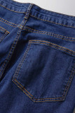 Jeans in denim a vita alta con patchwork solido blu casual da strada
