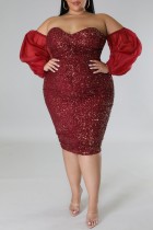 Бордовое сексуальное вечернее платье в стиле пэчворк с открытой спиной и открытыми плечами Платья больших размеров