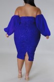 Patchwork formel sexy bleu coloré évidé dos nu sur l'épaule robe de soirée robes de grande taille