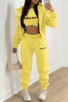 Yellow Casual Letter Print Basic O Neck Long Sleeve Three-piece Set