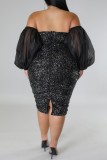 Zwarte sexy formele patchwork uitgeholde backless off-shoulder avondjurk plus size jurken