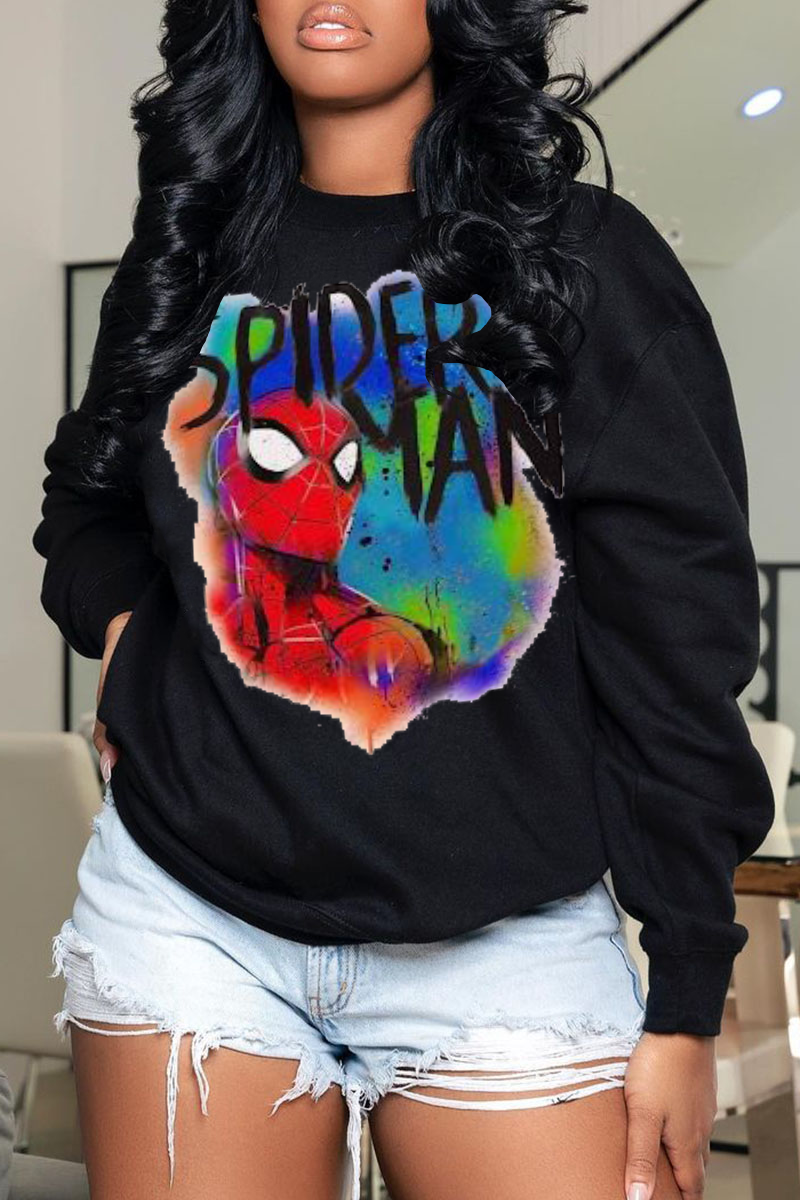 

Black Street Character Patchwork O Neck Tops
